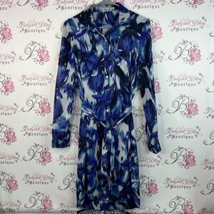 Eliza J dress button up pockets tie waist belt Abstract Blue Long Sleeve Dress